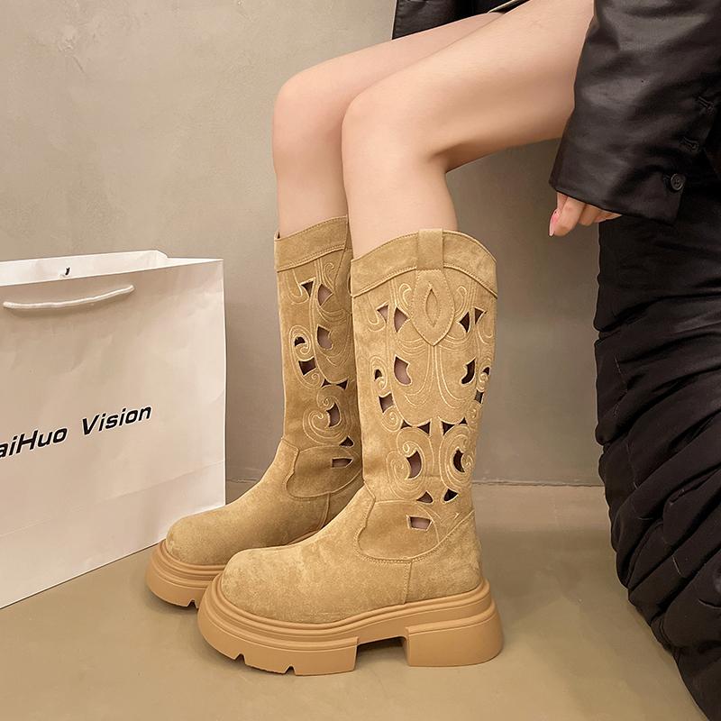 2024 Autumn New Hollow Women's Boots Knee High Heels Women's Fashionable and Comfortable Long Fashion Boots Platform Shoes