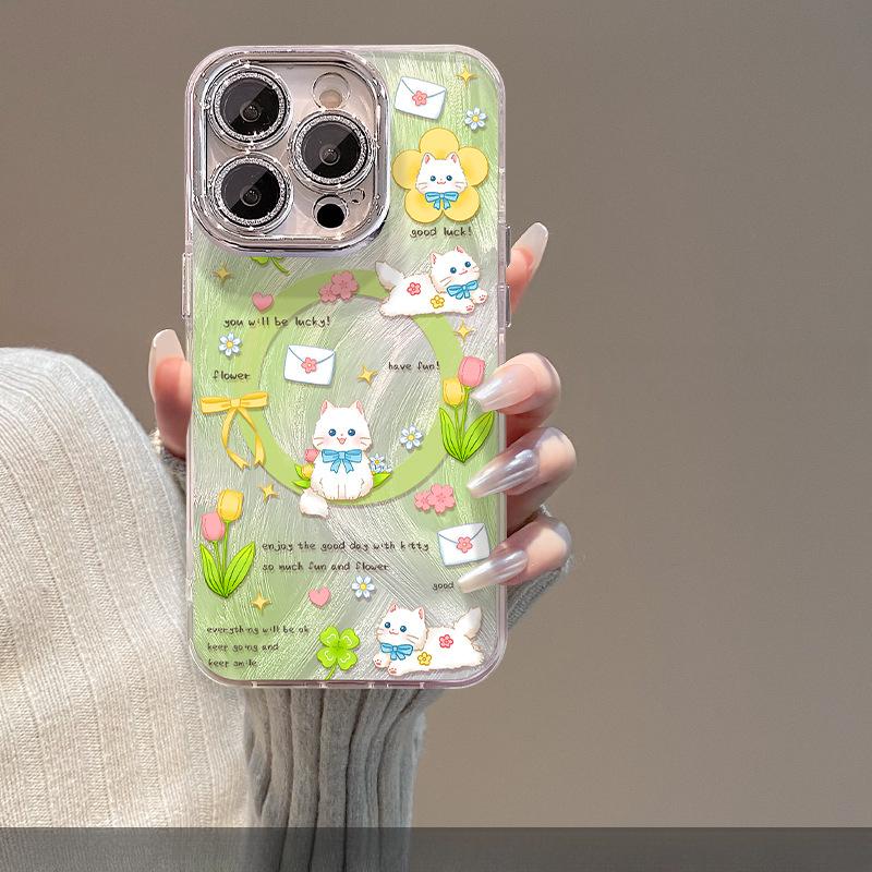 Милые котики Подходит для iPhone16 Чехол для iPhone 15promax Перо Магнитная пряжа Кронштейн 14 Высококлассный 13
