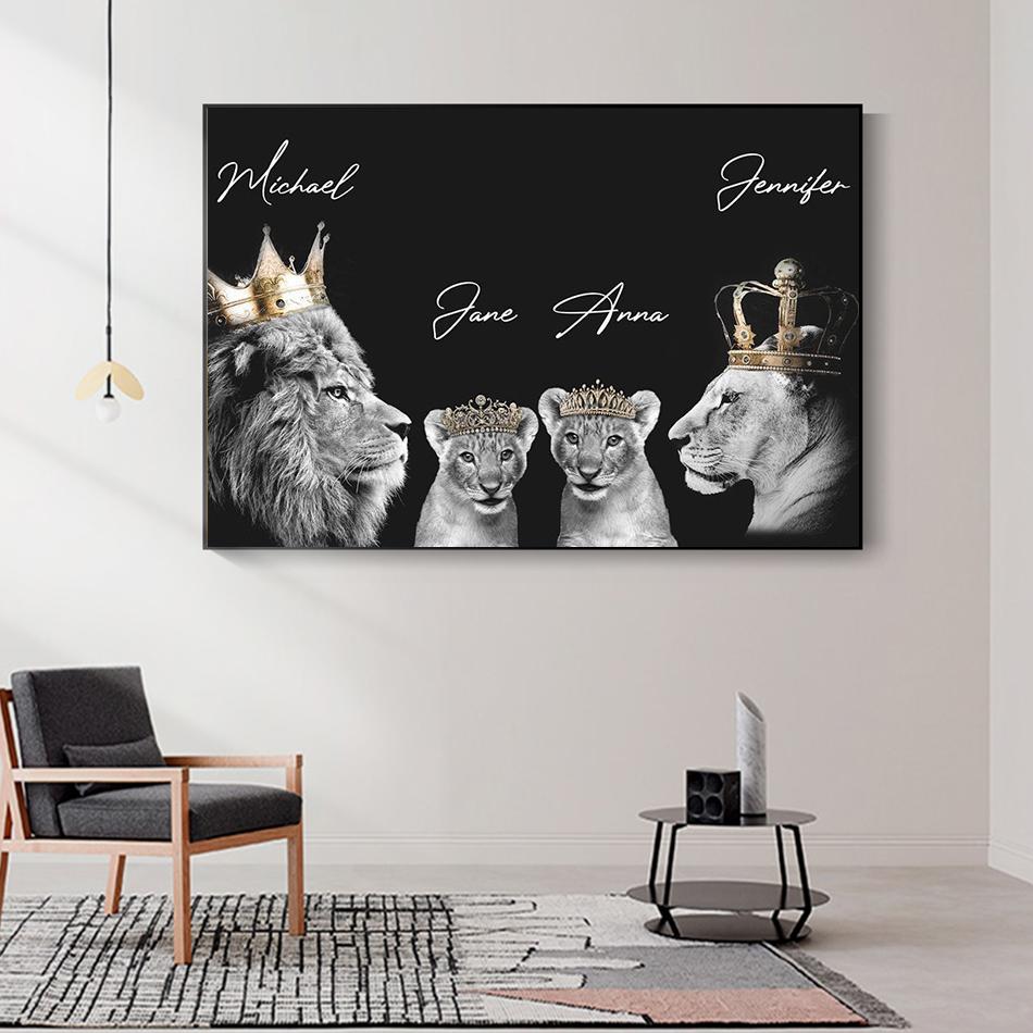 Семья льва, Корона, принт, холст, картина, галерея, Настенный декор, постеры, абстрактные животные с автографом, черно-белые фотографии, подарок