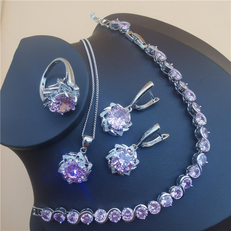 Комплекты украшений из натурального циркона, серебро 925 пробы, женские свадебные украшения, серьги, браслеты, кольца, комплект с подвеской и ожерельем
