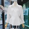 Lady Elegant Shirt Female Spring Fall Long-Sleeved Slim Pleated V-Neck Skinny Office Tops