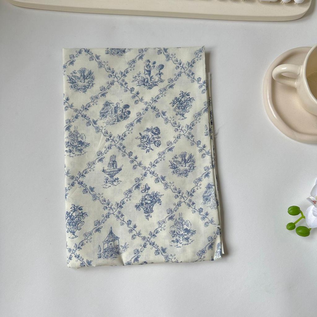 100% Cotton Digital Print Fabric: Retro Blue & White Floral Design for Children's & Women's Dresses and Handbags