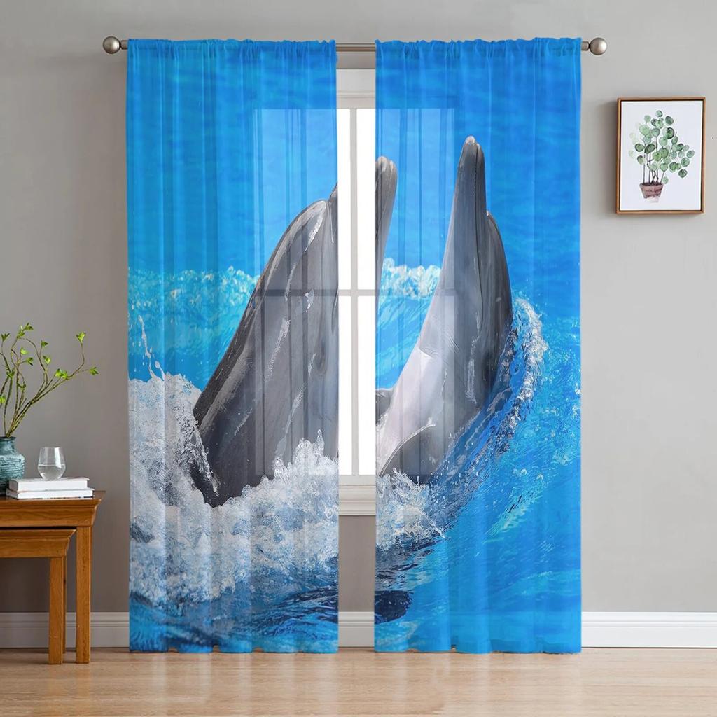 Dolphin Sea Splash Tulle Curtains for Bedroom Hall Living Room Decor Chiffon Curtain for Balcony Kitchen Home Drapes