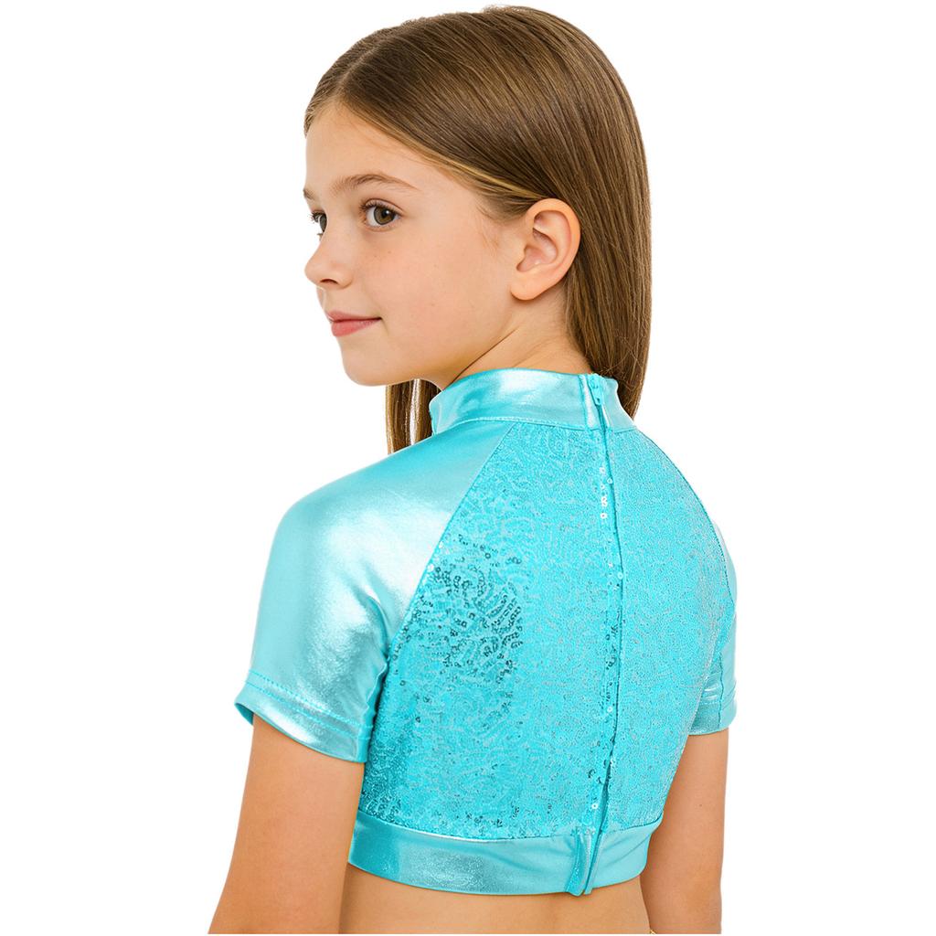 Girls Shiny Sequins Metallic Crop Top Mock Neck Short Sleeve Back Zipper Hip Hop Jazz Dance Costume