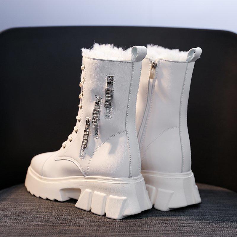 Women Winter Shoes Ankle Boots Leather Warm Plush Snow Boots Female Shoes Woman Chunky Platform Booties White Black