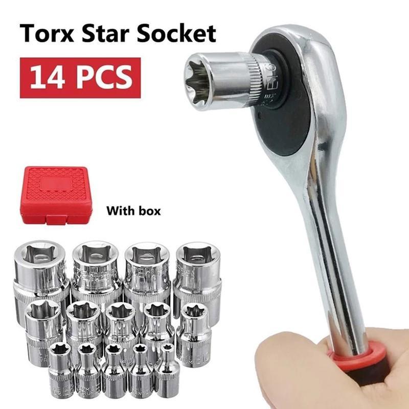 14Pcs Female E-Torx Star Socket Set 1/4" 3/8" 1/2" Drive Inverted E-Torx Star Bit E4-E24 Female External Torque Socket Set