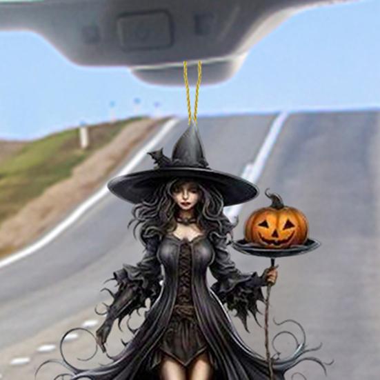 Gothic Witch Pendant 2D Acrylic Car Hanging Ornament Rearview Mirror Ornament for Halloween And Gothic Lovers