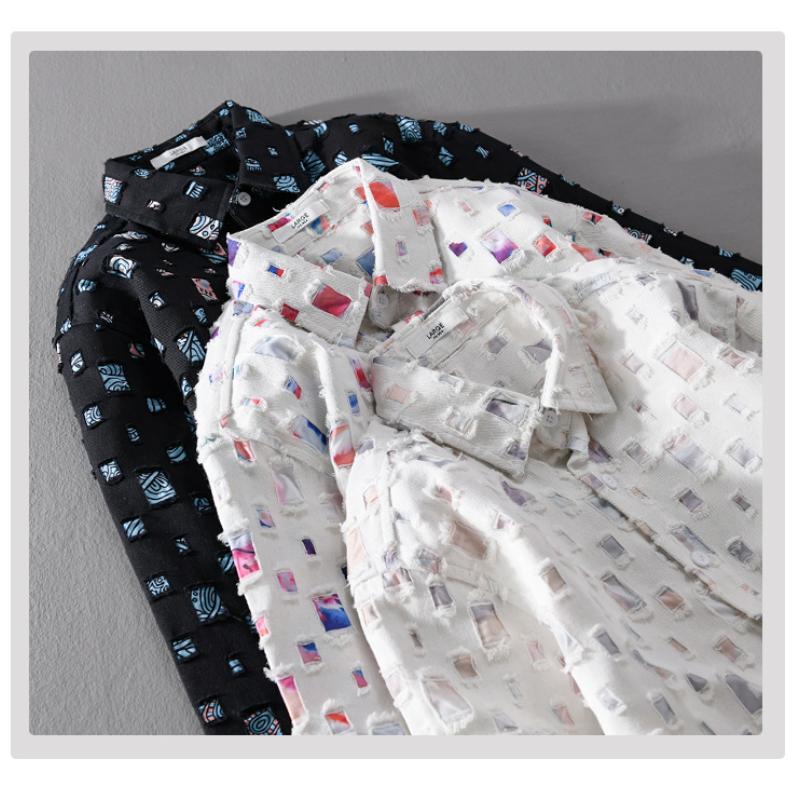 Молодежная популярная рубашка с длинным рукавом в клетку с цветными дырками для мальчиков, уличная свободная мужская рубашка, рубашки из чистого хлопка на весну/осень, повседневная верхняя рубашка