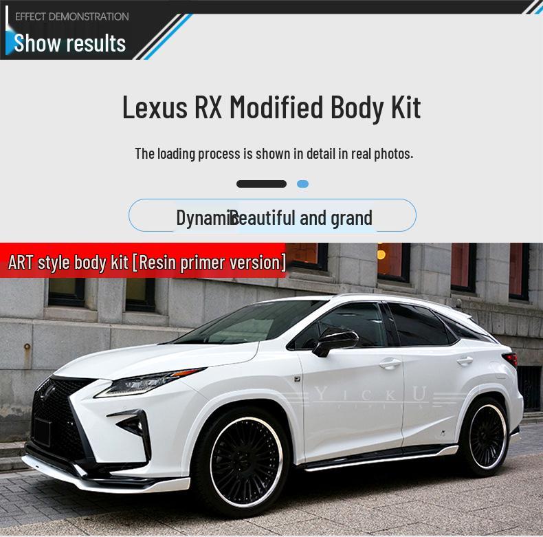 Совместимо с Lexus RX 2016-2019: передние/задние губы, боковые юбки, нижняя губа, пластиковые накладки на крылья, крыша ART, заднее антикрыло и канард.