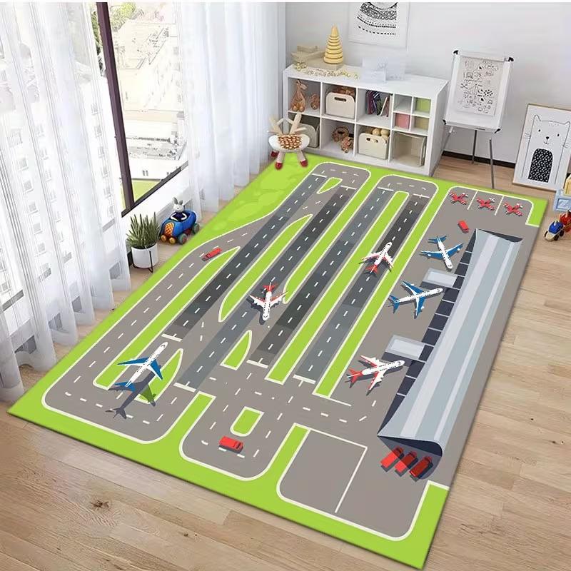 Kids Realistic Airport Runway Play Rug Non Slip Soft Educational Interactive Carpet for Children Bedroom Playroom and Game Area