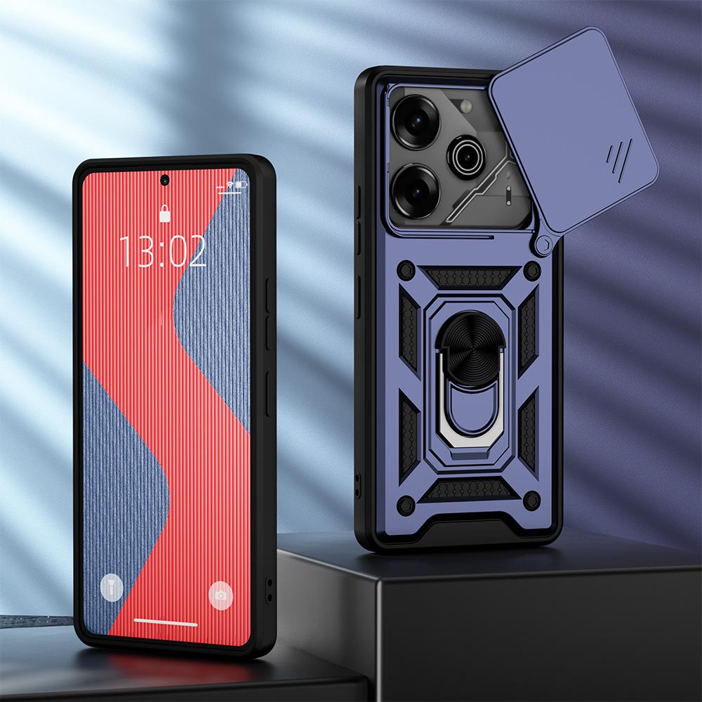 KEYSION Shockproof Armor Case for TECNO Pova 6 Pro 5G Slide Camera Lens Protection Metal Ring Stand Phone Cover for POVA 6 Neo
