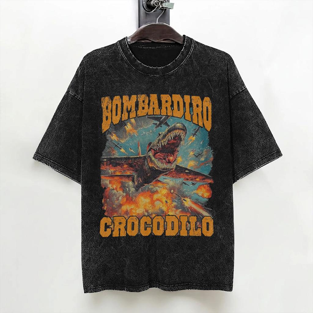 Bombardino Crocodilo Italian Brainrot Washed T Shirt Streetwear Hip Hop Casual Tshirt Tees Men Women Short Sleeve Oversize