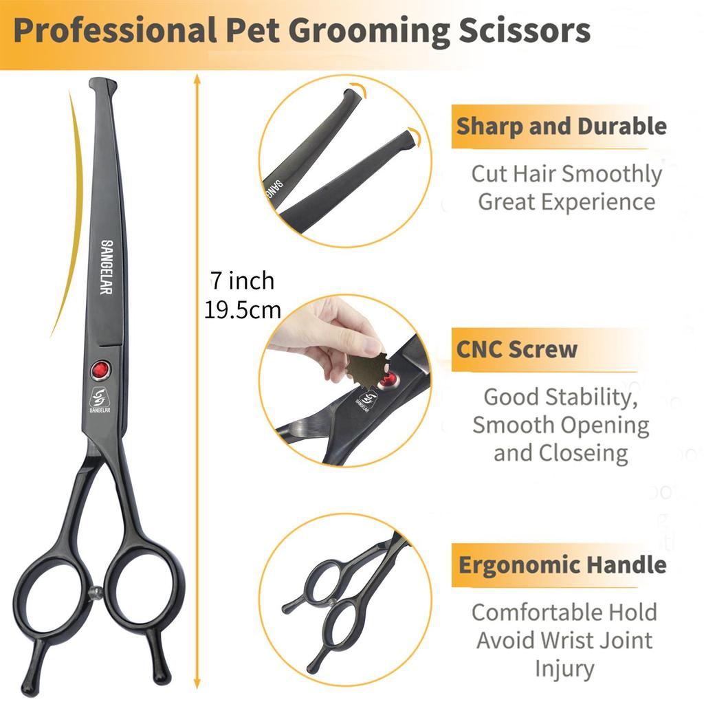 SANGELAR 7-дюймовые ножницы для домашних животных, профессиональные инструменты для ухода за домашними собаками, круглая головка, безопасное использование изогнутых ножниц, ножницы для резки домашних животных