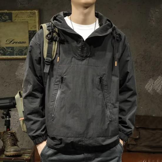 Мужской плащ однотонный длинный рукав полумолния капюшон куртка с карманами на молнии свободный крой тонкая куртка для отдыха