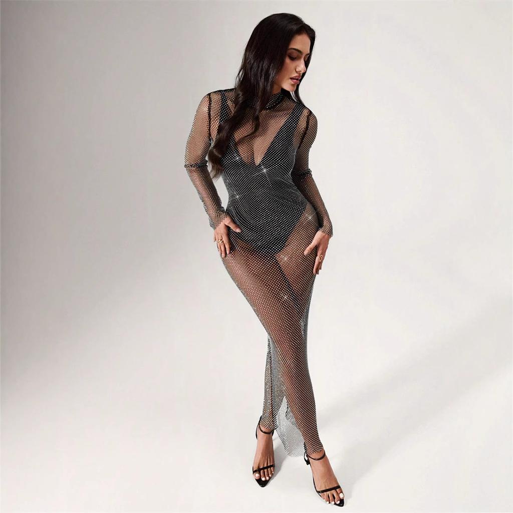 Модное сексуальное горячее платье с длинным рукавом из эластичной сетки с бриллиантами и стразами