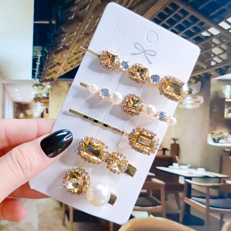 Модные женские заколки с зелеными кристаллами, набор роскошных заколок для волос с имитацией жемчуга для девочек, украшения, шпильки, аксессуары, ювелирные изделия