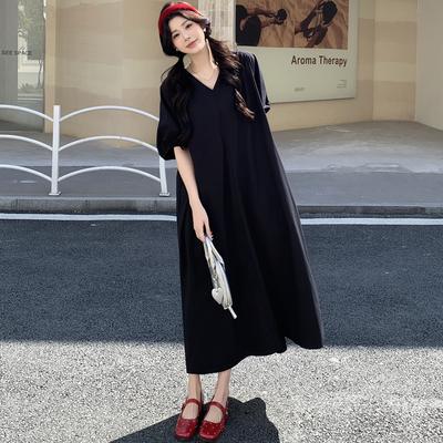 2025 Женское Летнее Длинное Платье Винтажное Платье-Рубашка с Коротким Рукавом Базовое Элегантное Повседневное V-образный Вырез Оверсайз Свободное Платье Большого Размера