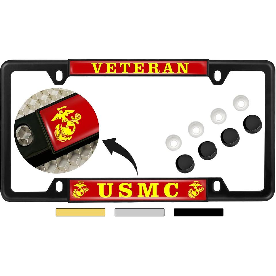 [Officially Licensed US Marine Corps Product] - USMC Veteran - Domed -Made Personalized Narrow (Thin) Top 4 Hole Metal Car License Plate Frame with