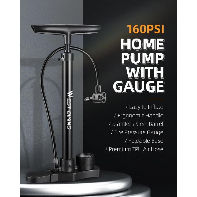 WEST BIKING Bicycle Pump 160PSI Road Mountain Bike Steel Air Pump with Gauge Presta Schrader Valve Tire Inflator Cycling Tools
