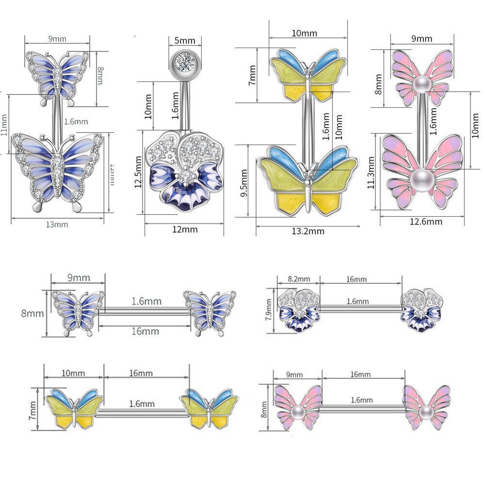 3PCS 14G Stainless Steel Butterfly Nipplerings Nipple Tongue Belly Button Rings CZ Opal Barbell Body Piercing Jewelry