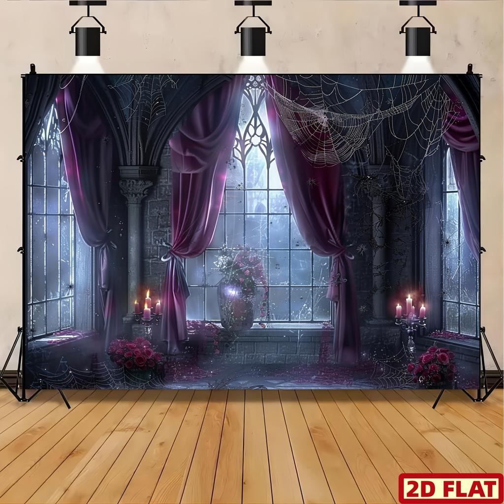 Two-dimensional plane, 1 piece of Gothic castle window background fabric, suitable for Halloween party decoration.PMJ