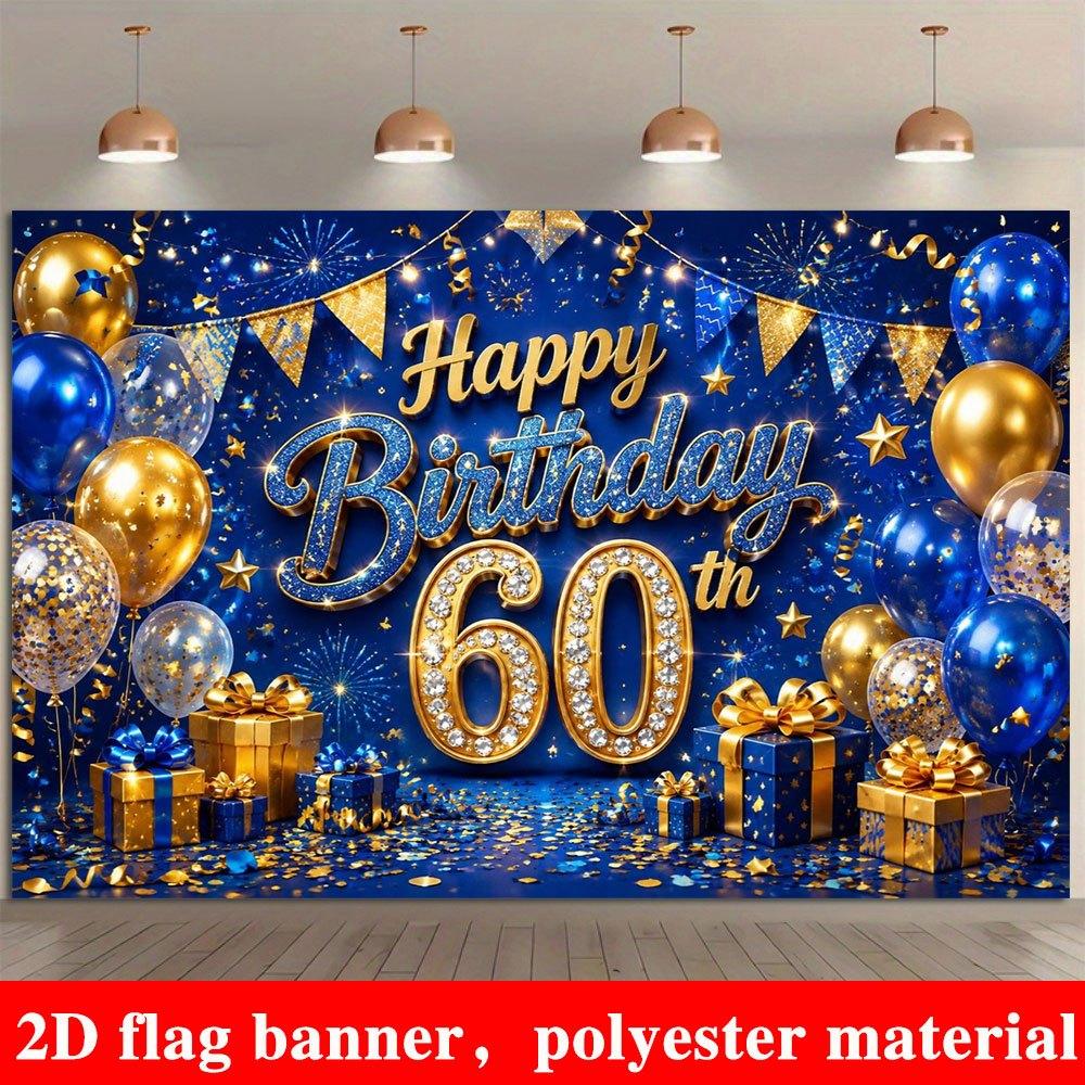 2D Flat Banner, 60th Birthday Backdrop, Blue and Golden Balloons, Gift Boxes, Fireworks