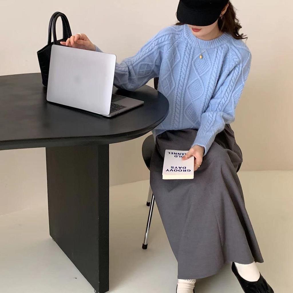 Vintage Twist Thickened Pullover Sweater Women's Autumn and Winter Solid Color Round Neck All-match Loose Knitted Sweater for Outer Wear