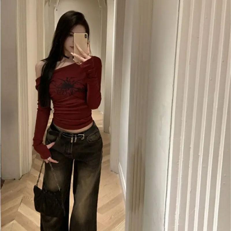 2KWEIRD Женские футболки в стиле Y2K, готика, гранж, с открытыми плечами, уличная одежда, Fairycore, хип-хоп, панк, повседневные футболки, женская одежда