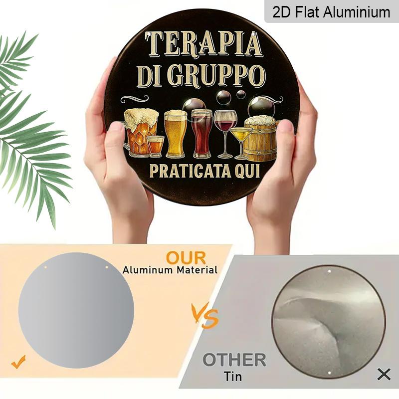 2D Flat - 1pc 2D Flat, 7.87*7.87 Inch Round French Aluminum Sign, "Group Therapy" Retro Decorative Plaque, "Bar Party" Decorative Sign, Suitable for