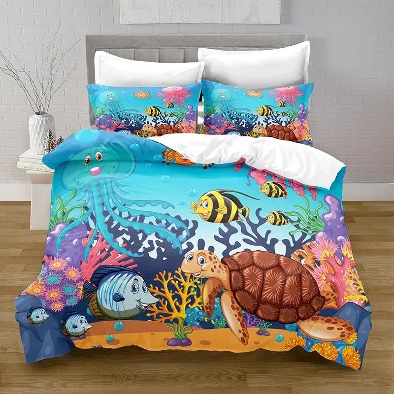 New Cartoon Ocean Fish Duvet Cover Marine Theme Bedding Set Twin Decor Microfiber Sea Underwater World Comforter Cover