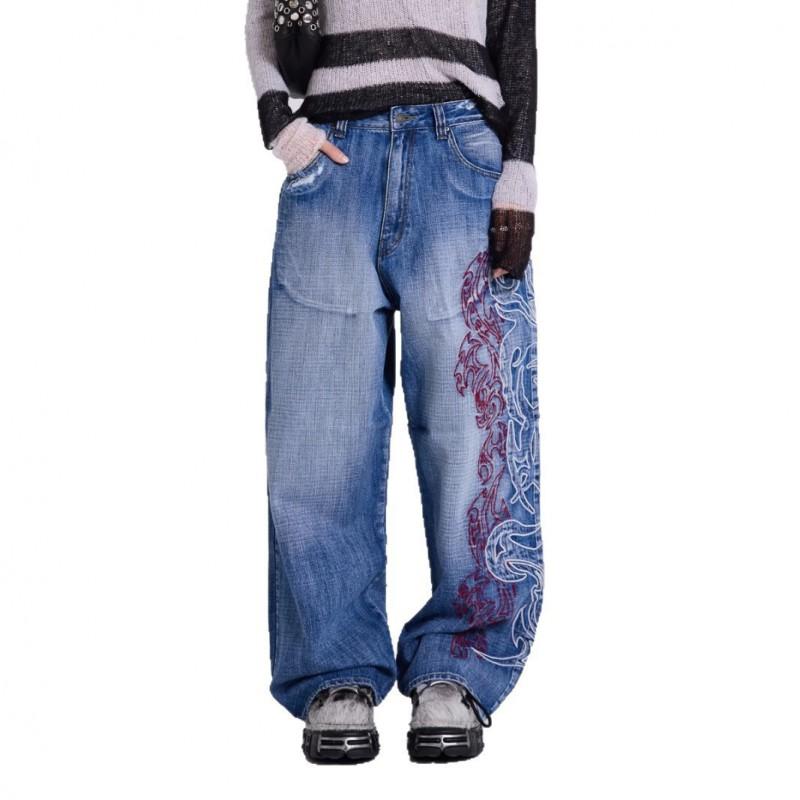 Y2K Embroidered Denim Jeans Women - Wide Leg Straight Cut Mid-Rise Light Wash Slightly Stretchy Streetwear Chic