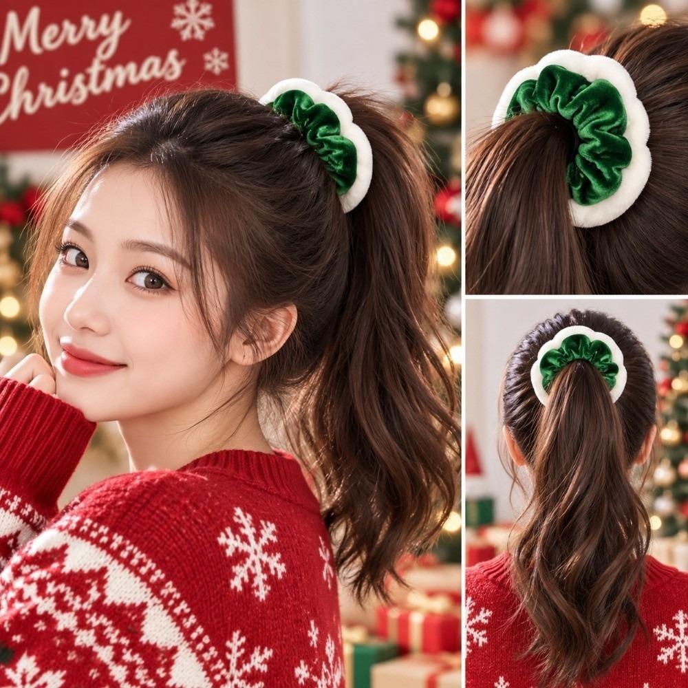 Elastic Christmas Velvet Hair Scrunchie White Trim Hair Ties Stretchy Headwear Ornament Daily Use