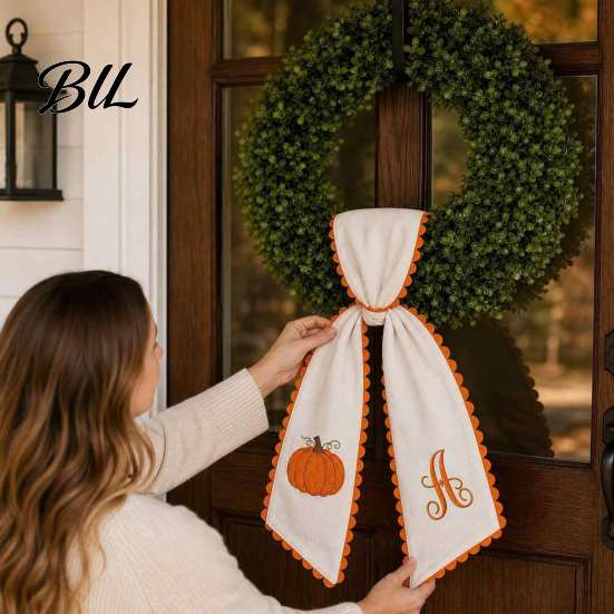Festival Gift for Fall Decorating Halloween Pumpkin Wreath Sash Front Door Decor, Orange Scalloped Fabric Rustic Fireplace Mantel Trimmings