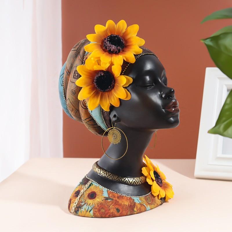 African Sunflower Girl Resin Sculpture Decorative Figurine Handmade Ethnic Woman Art Statue Home Office Decor