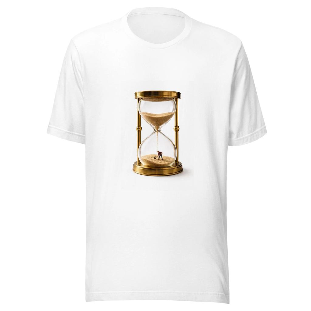 Unisex White T-Shirt Little Man Shoveling in Hourglass