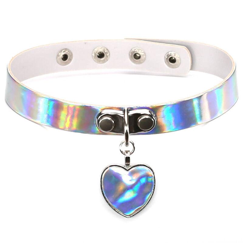 Fashion Holographic Choker Punk Laser Heart Pendant Collar Necklace Rivet Buckle
