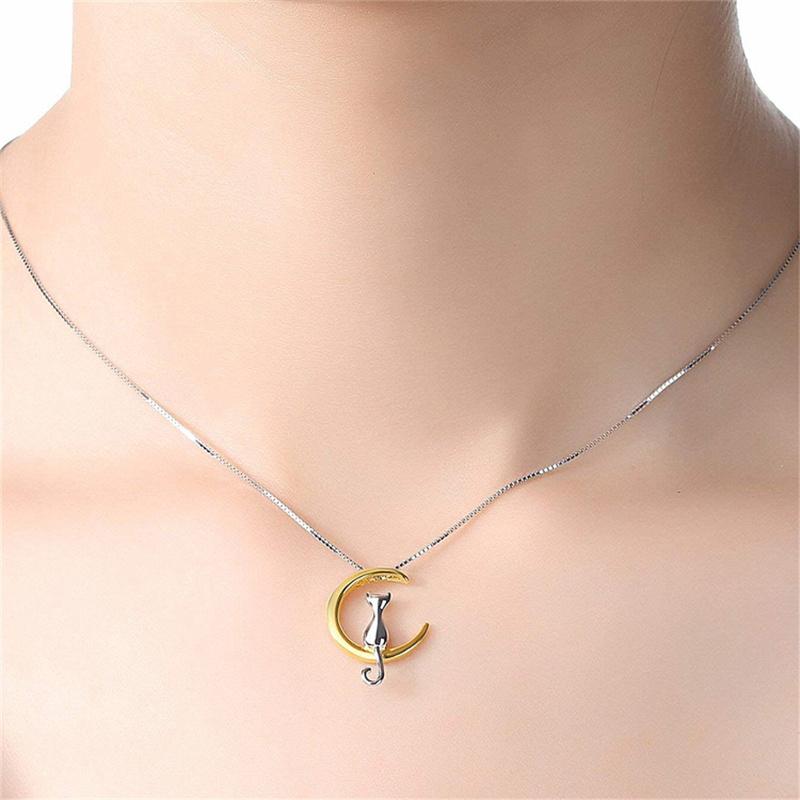 VENTFILLE 925 Sterling Silver Japanese and Korean Version of The Cat on The Moon Necklace Female Clavicle Chain Sen Simple Perso