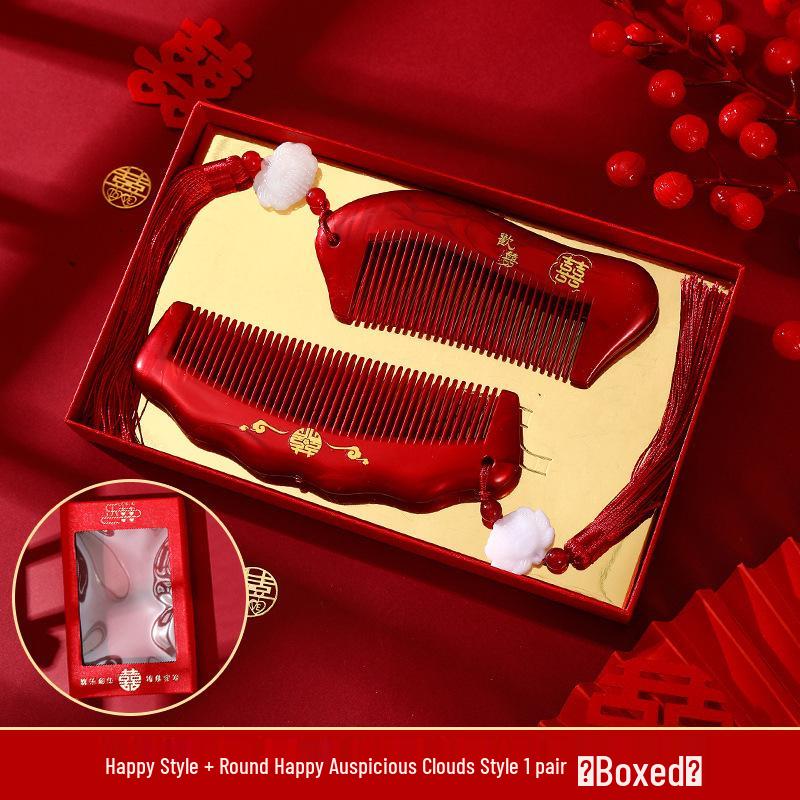 Бордовый Деревянный Свадебный Набор Расчесок с Зеркалом - Подарочная Коробка для Приданого Невесты