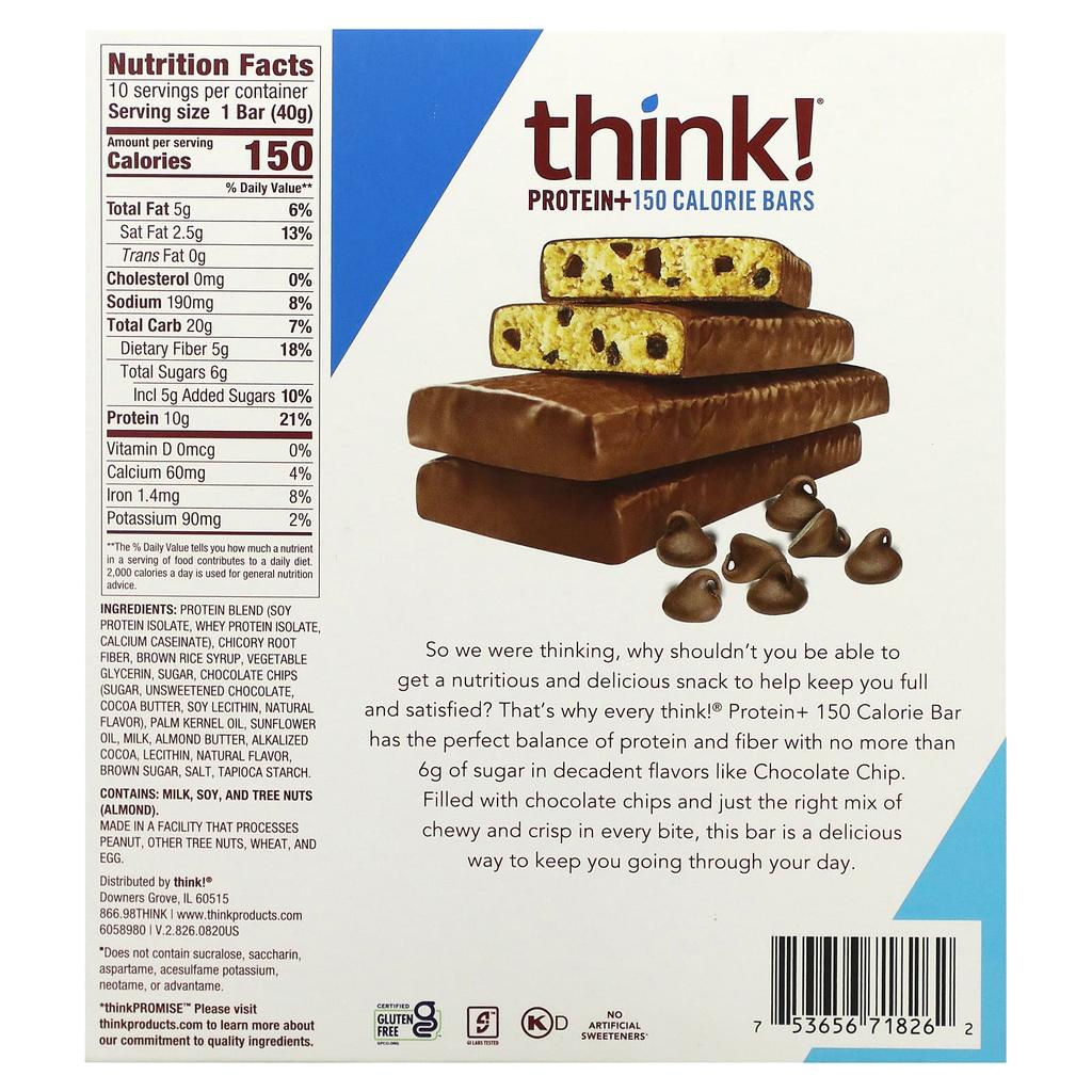 Think!, Protein+ 150 Calorie Bars, Chocolate Chip, 10 Bars, 40 G (1.41 Oz) Each