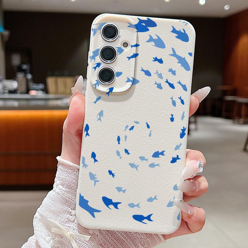 Синий Чехол для Телефона с Рыбой и Китом, Океан, Для Samsung S26 S25 S24 Ultra S23 S22 S21 FE A15 A16 A17 A35 A36 A37 A54 A55 A56 A57 5G, Кожаная Текстура, Мягкая Крышка