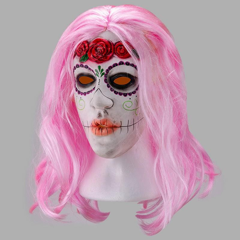 Pink Hair Latex Mask Halloween Cosplay Costume Party Bar Performance