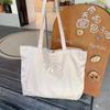 Elegant Pearl Beige Bow Tote Bag Lovely Embroidered Canvas School Bag For Girls