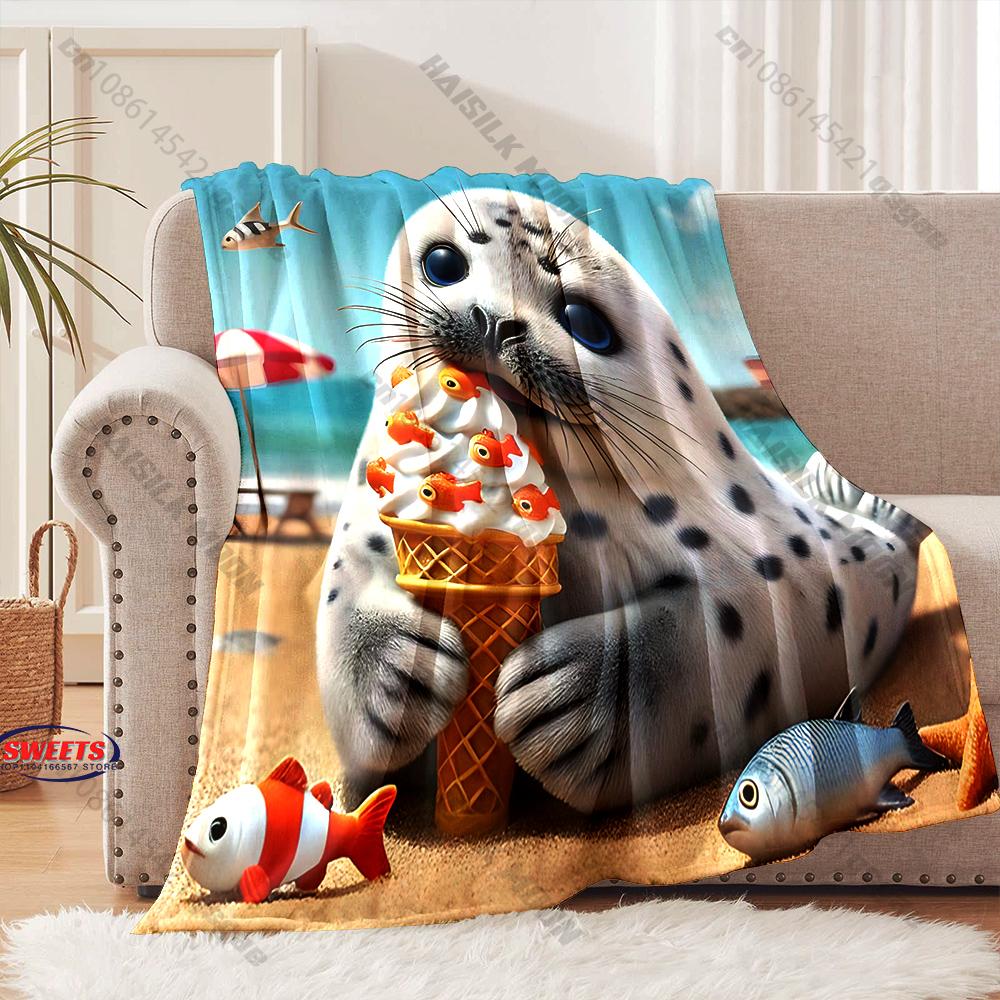 "Seaside Seal Themed Blanket" Multiple sizes kid's and adults' bedroom living room sofa decor blanket, Exquisite gift