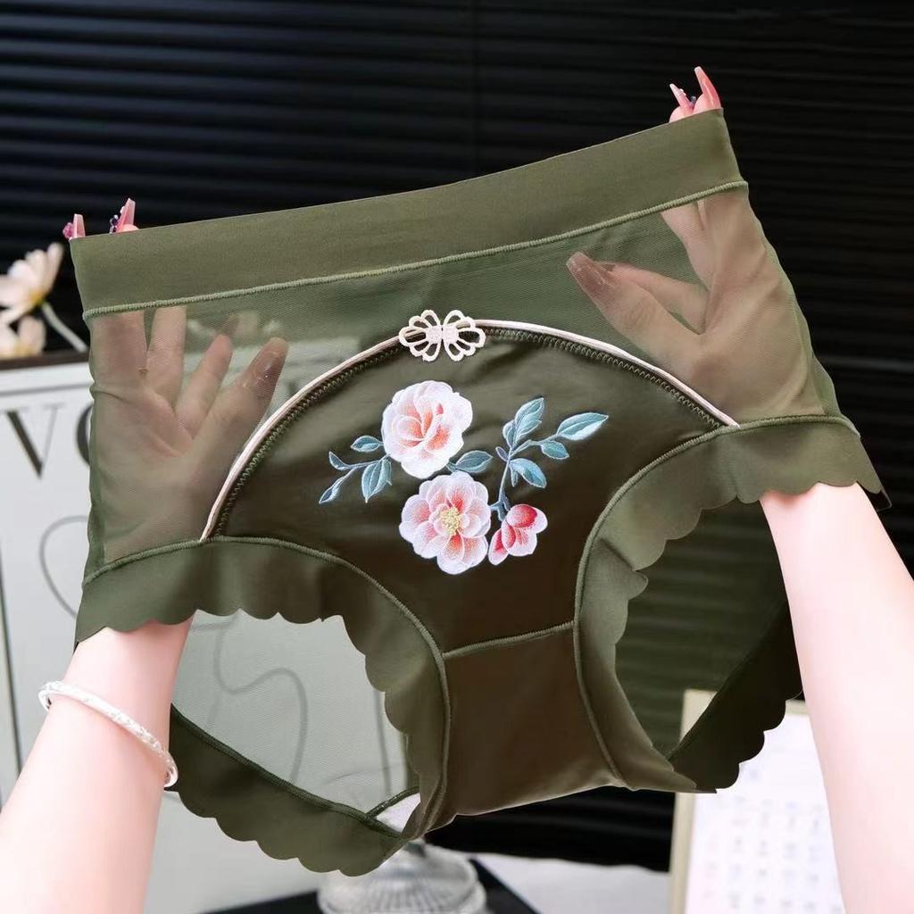 Летние традиционные китайские вышитые трусики с высокой талией, сетчатые трусы, кружевные трусы с утягивающим эффектом, женское сексуальное нижнее белье