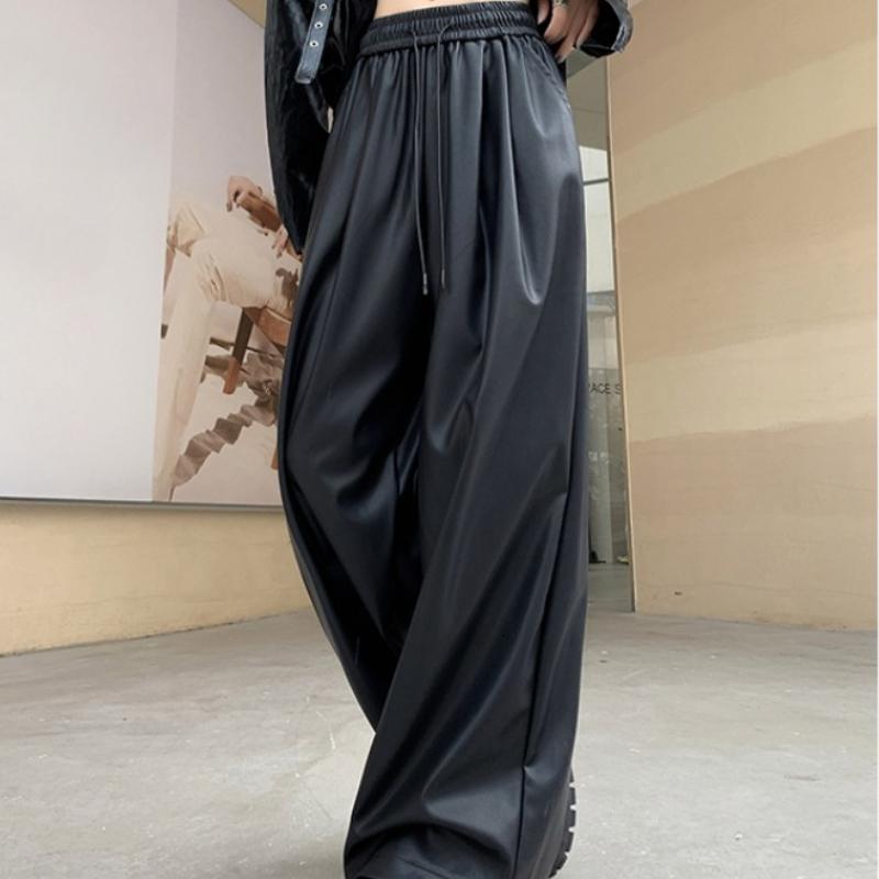 Модные уличные черные широкие брюки из искусственной кожи, женские однотонные прямые свободные повседневные брюки, женские элегантные облегающие винтажные женские брюки с высокой талией 25620