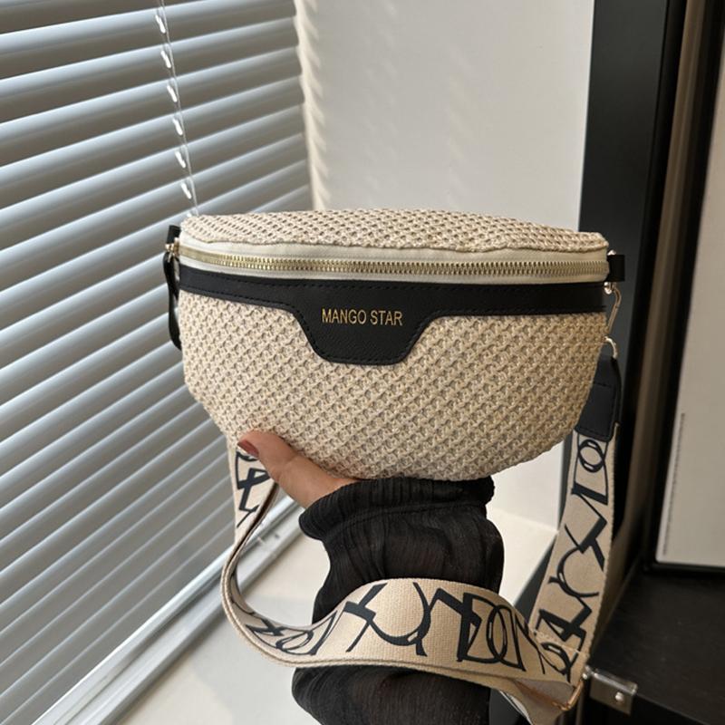 Women's Waist Pack Leather Straw Woven Chest Bag Travel Casual Shoulder Crossbody Bags For Women Summer Fanny Pack Purse CLE