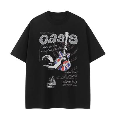 Oasis Band Ретро Портрет Американская Улица VTG Спущенное Плечо Свободный Хлопок Круглый Вырез Рок Мужская и Женская Футболка с Коротким Рукавом