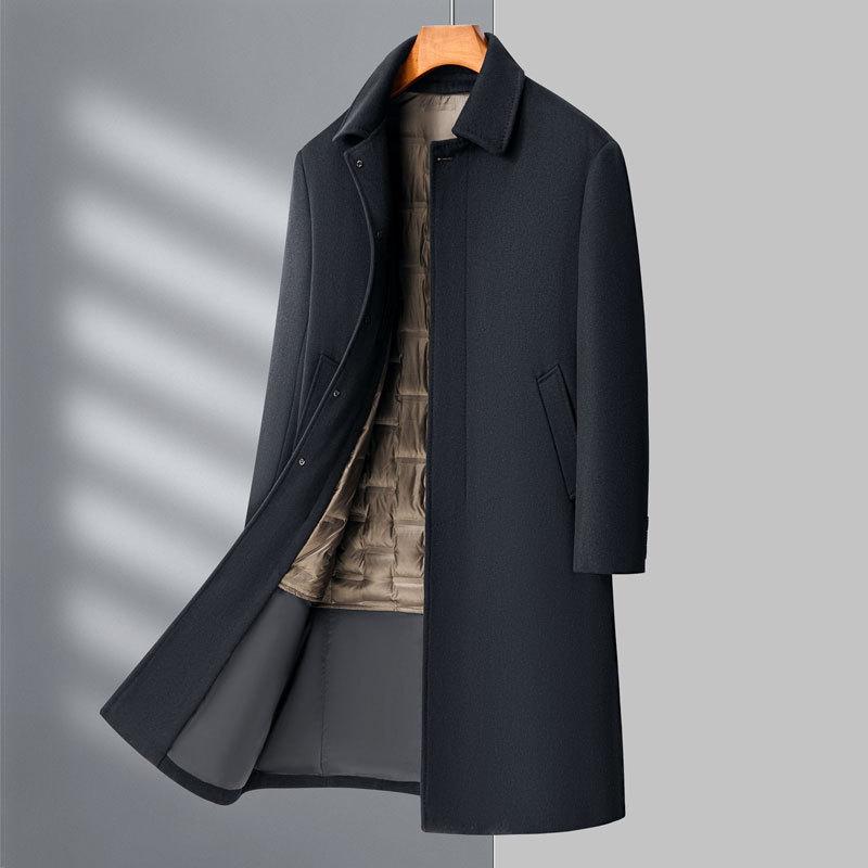 Removable Inner Liner Wool Coat for Men In Autumn and Winter, Long Middle-aged Daddy Coat for Men