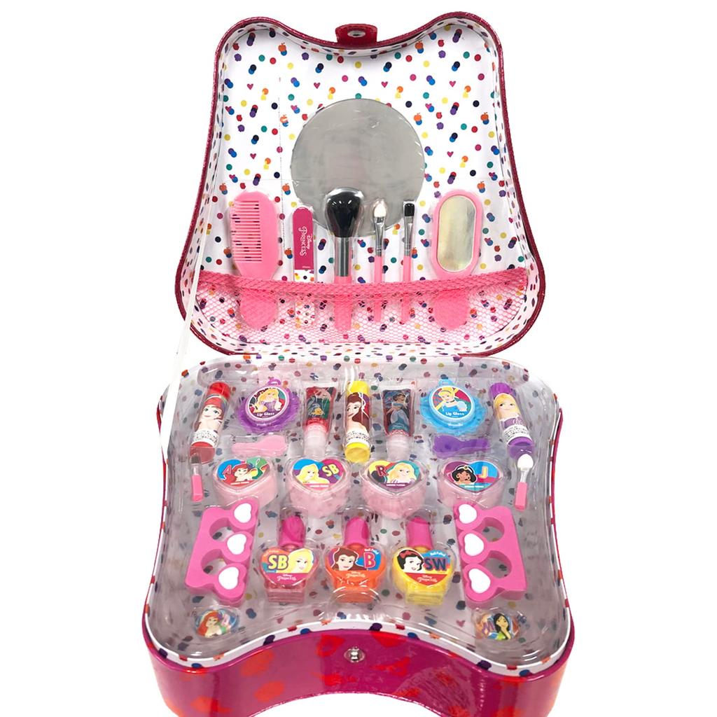 Disney Princess Cosmetic Set with Portable Handle and 30 Piece Set with Kids Makeup Cosmetic Makeup Girls Snow Princess Mirror, Stickers, Cosmetics,