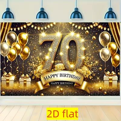 Золотой Глиттерный Гобелен на 70-летие, "С Днем Рождения 70 лет" с Блестящей Цифрой и Шарами для Фотозоны